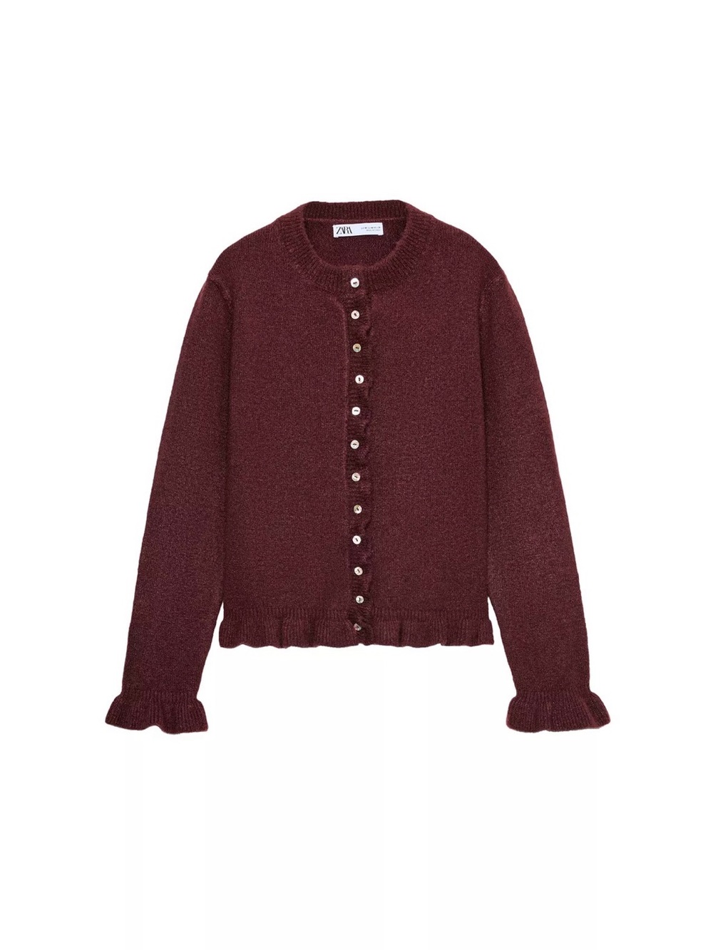 New with tags Zara Women's Burgundy Ruffled Wool Knit Cardigan